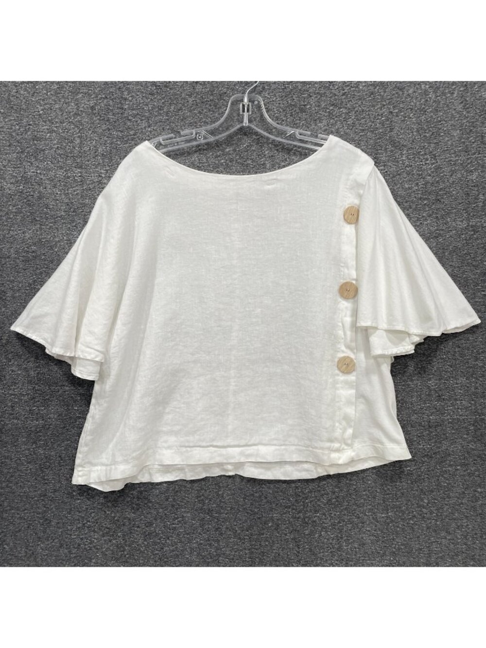 Kensie Linen Top Womens Size XL White Flutter Sleeve Wood Buttons Boxy Minimal